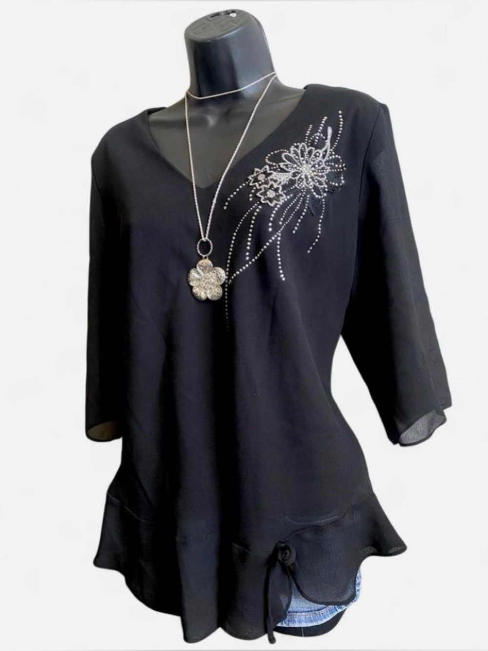 Y2k Fairycore Flowy Black Floral Design Top with Ruffles and Rhinestones